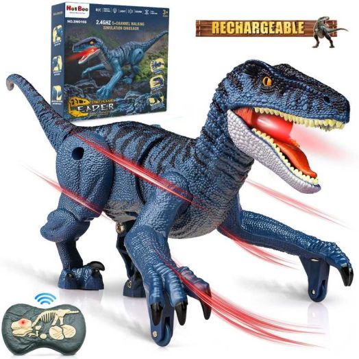Flooyes RC Dinosaurs Toys for Boys Age 4-7 8-12, Velociraptor Blue Dinosaur, Multifunction RC Robot Dinosaur Toys w/ 3D Eye ED Light, Roaring&Tail Wagging, Christmas Gift for Boys 3 4 5 6+