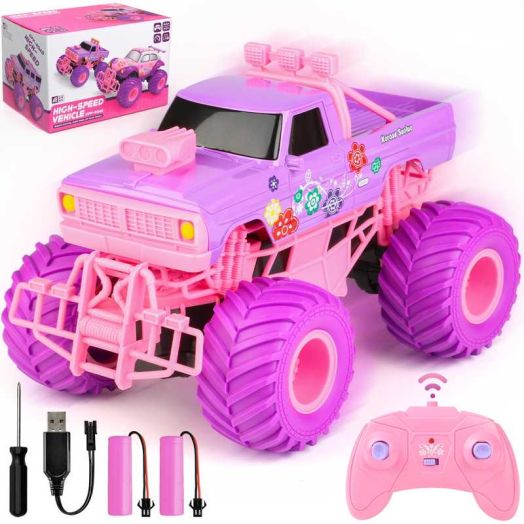 Flooyes Remote Control Car for Girls, Pink RC Cars, 2.4GHz All Terrain Off-Road Moster Trucks, 2 Rechargeable Batteries, Birthday Toy Gift for Kids Age 6 7 8 9 10+