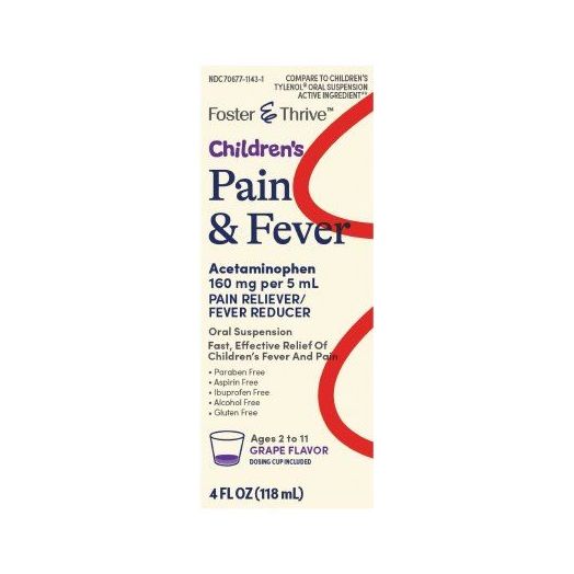 Foster & Thrive Children's Pain & Fever Acetaminophen Oral Suspension, 4 oz 160 mg/5 mL Grape