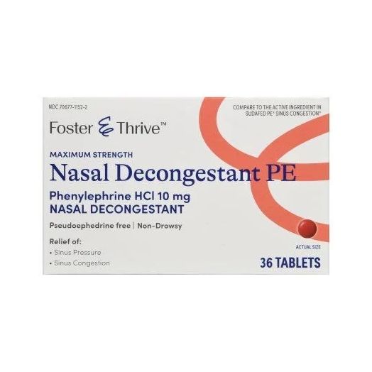 Foster & Thrive Nasal Decongestant PE Sinus Relief, 10 mg Tablet Bottle of 36