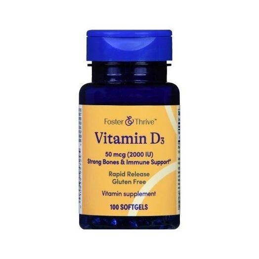 Foster & Thrive Vitamin D-3 Supplement, 50 mcg 2000 IU Rapid Release Softgels 100 Count