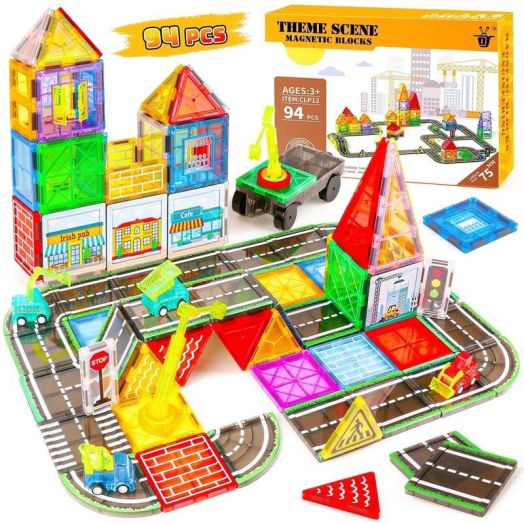 Freecat Magnetic Tiles 94PCS Large Size 75MM, Magnetic Building Blocks with Engineering Truck & Road Blocks, STEM Educational Toys for Kids Ages 3-6, Birthday Gifts for Boys Girls Toddlers.