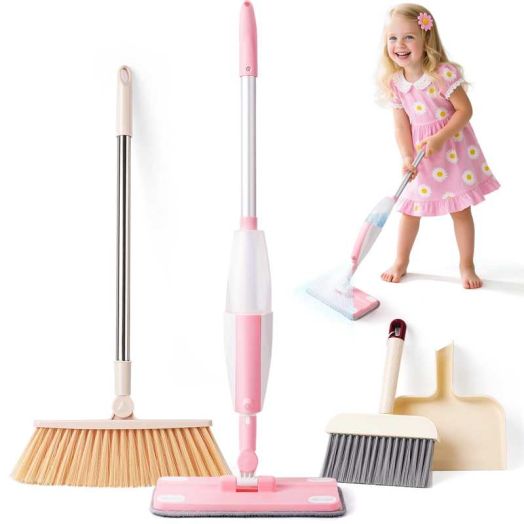 Kids Cleaning Toy Set,Pink Mini Spray Mop Montessori Toys Pretend Play Cleaning Tool for Toddlers with Spray Mop & Kids Broom Dustpan Set Cleaning Toys Gift for Toddlers Girls Boys Age 3+