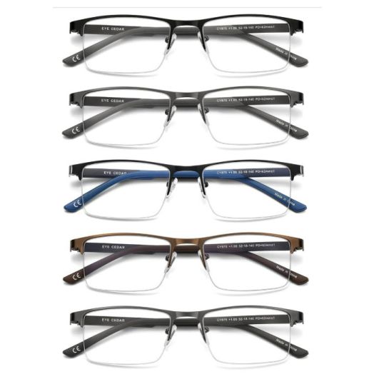 Eyecedar Metal Half-Frame Reading Glasses Men 5-Pack Spring Hinges Stainless Steel Material Includes Sun Readers 2.50