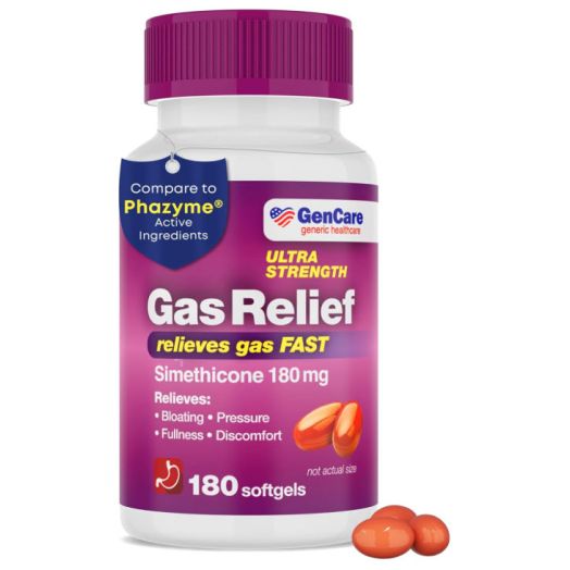GenCare - Ultra Strength Simethicone Gas Relief 180 mg (180 Softgels) | Anti Flatulence, Bloating Aid, Stomach Discomfort and Gas Pressure Reliever Pills | Relieves Gas Fast | Generic Phazyme
