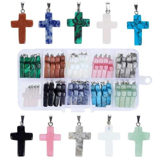 Genie Crafts Cross Charms for Jewelry Making Kit - 40-Piece Assorted Gemstone Cross Charms, 10 Colors - Storage Case & Pendant Bails, Keychain Making Kit