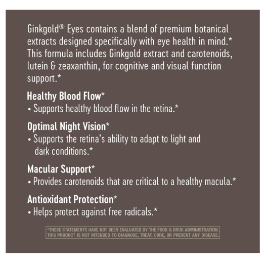 Nature's Way Ginkgold Eyes, Visual Health Formula*, Gluten Free, 60 mg per serving, 60 Vegan Tablets