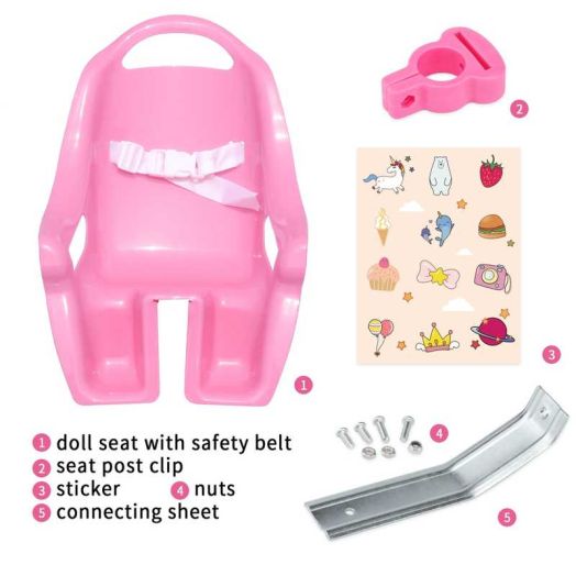 Doll Bike Seat for Girls Bicycle with DIY Unicorn Decals, Baby Doll Bicycle Carrier, Kids Bike American Doll Accessories, Pink