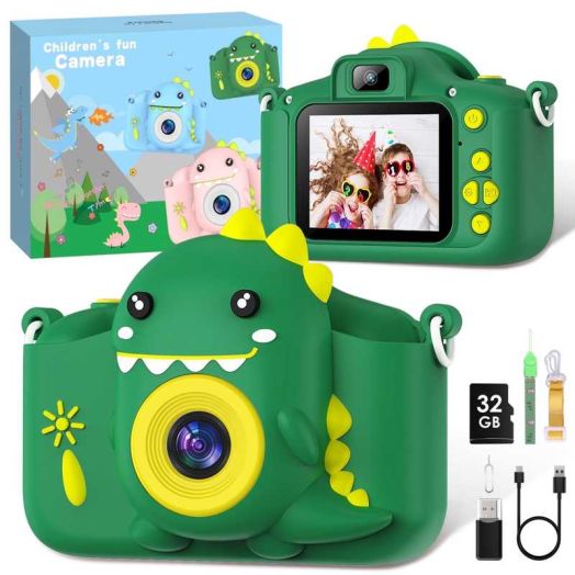 Gofunly Kids Camera, 1080P Toy Digital Video Camera for Girls 3-12 Years Best Birthday/Festival Gifts,with 32GB SD Card and Silicone Cover - Green-Dinosaur