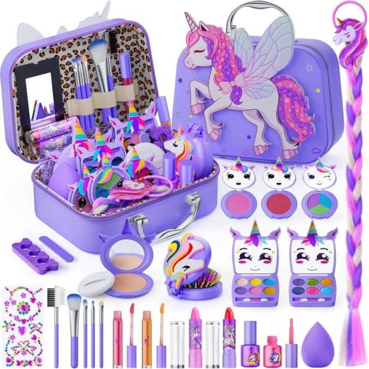 Kids Makeup Kit for Girl - 2-in-1 children's washable makeup toy and nail art set, with makeup storage box, a true girls' makeup set, an ideal toy unicorn makeup bag for girls aged 3-12