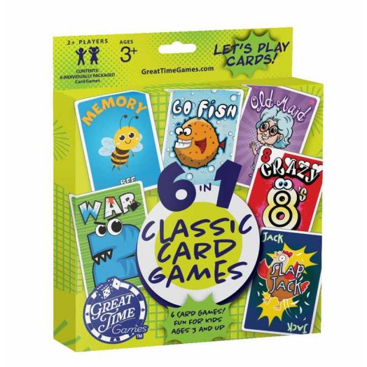 Great Time Games Kids Classic Card Game Set: 6 Decks Total Featuring Go Fish, Old Maid, Crazy 8's, Memory, Slap Jack, and War - Exclusive