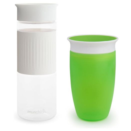 Munchkin Miracle 360 Spill Proof Sippy Cups, 24 and 10 Ounce, 2 Pack, Pink – Toddler and Adult Set - Green & White