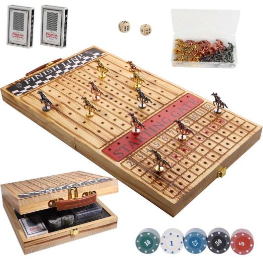 Grhonior Horse Race Board Game - Foldable Horse Racing Game with Cards and Dice,11 Luxury Metal Horses 100 Chip, Foldable Design Holds All Pieces,Portable Board Game for Family Nights & Parties