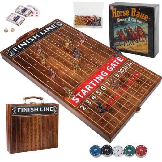 Grhonior Horse Race Board Game - Foldable Horse Racing Game with Cards and Dice,11 Luxury Metal Horses 100 Chip, Foldable Design Holds All Pieces,Portable Board Game for Family Nights & Parties