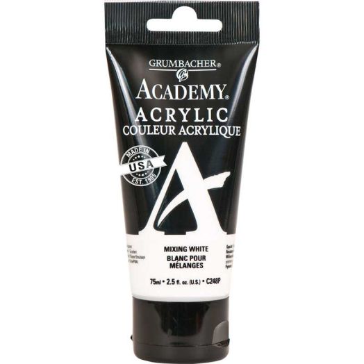 Grumbacher Academy Acrylic Paint Mixing White 75ml Tube - High Quality Student Grade, Made in