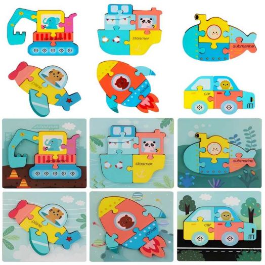 6 Pcs Wooden Puzzles for Toddlers 1-3, Preschool Learning Simple Jigsaw Vehicle Puzzles for 1 2 3 Years Old Boys Girls, Wood Car Truck Shape Puzzles for Toddler Sensory Toys Gifts
