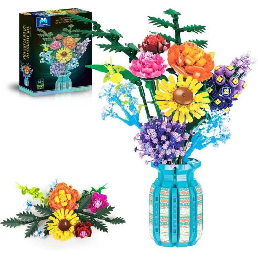 GZBrick Flower Bouquet Building Block Set with Vase Rose Sunflower for Adult Compatible with Lego 14+ (Green)