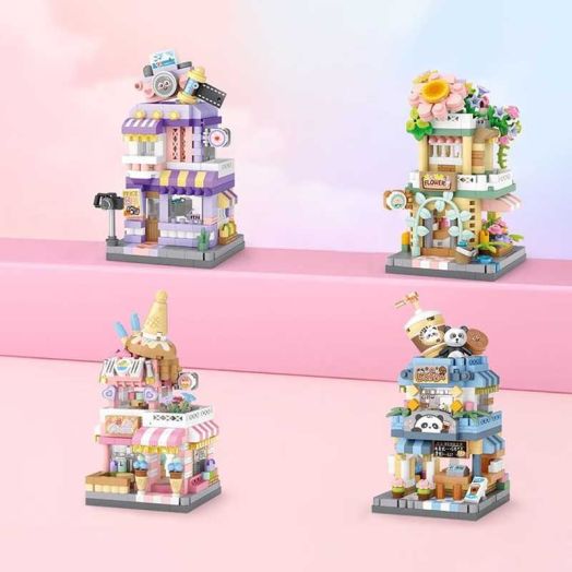 Haibin 4 Sets Street View Gourmet Food Shop Mini Building Blocks, MOC Creative DIY Mini Bricks House Set, Awesome Building Toys Gift for Kids and Adults for Kids 6+