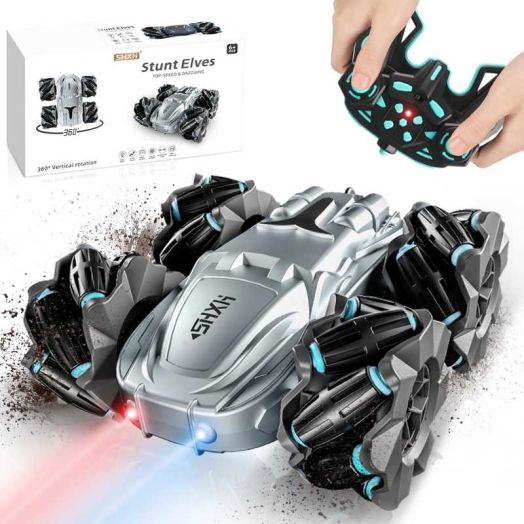 HDJ Auto de Control Remoto, Auto de Carreras Eléctrico de Doble Cara con Rotación de 360° 4WD RC Cars, Auto de Acrobacias de Carreras Recargable de 2.4GHz Cars para Cumpleaños de Niños y Niñas (Plateado)