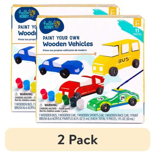 (2 pack) Hello Hobby Multicolor Paint Your Own Wooden Vehicles, Arts & Craft Kits
