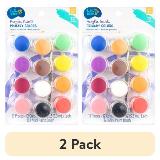 (2 pack) Hello Hobby Primary Colors Acrylic Paints & Paintbrush