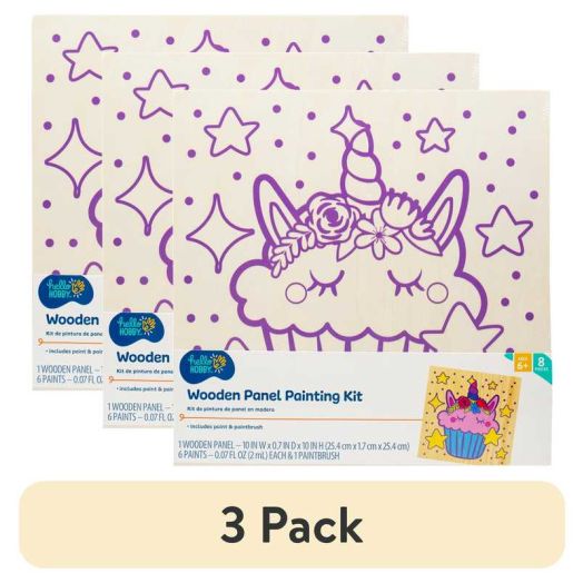 (3 pack) Hello Hobby Wood Art Board Painting Kit, Purple Unicorn Cupcake Design, 6 Acrylic Paints, Boys and Girls, Child, Ages 5+