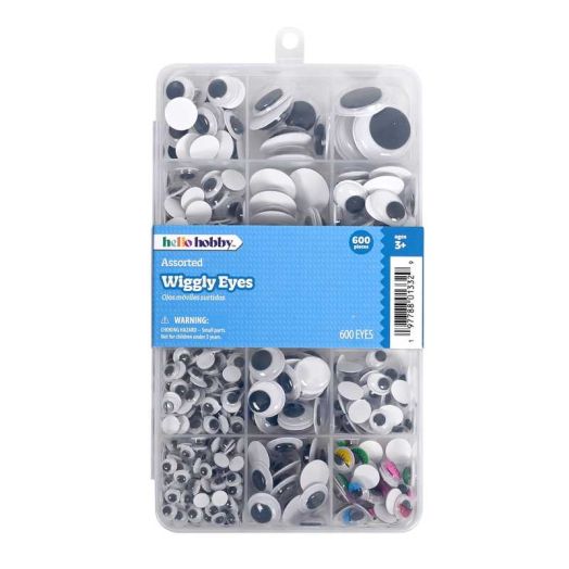 Hello Hobby Wiggle Eyes Case, Plastic, Round Shape, Assorted Sizes, Multicolor, 600 Pieces