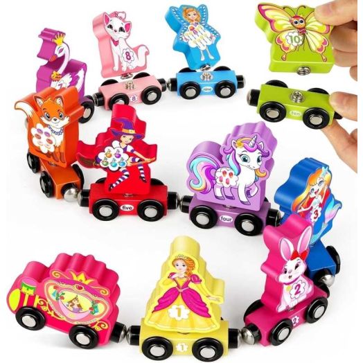 Helsort Fine Motor Skill Toys for Toddlers Numbers Matching Game,11PCS Wooden Princess Train Set, Montessori Toys for Toddlers, Preschool Educational Material for Kids, Birthday Gifts for Girls Boys