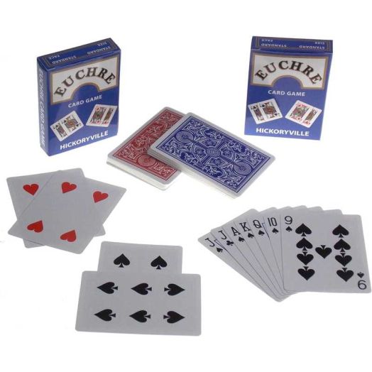 Hickoryville Euchre Card Game - 4 Specialty Decks Pre-Stripped to 24 Cards (9 Thru Ace) for Classic American Euchre - Custom Blank Counter Cards Included. 2 Blue and 2 Red Decks