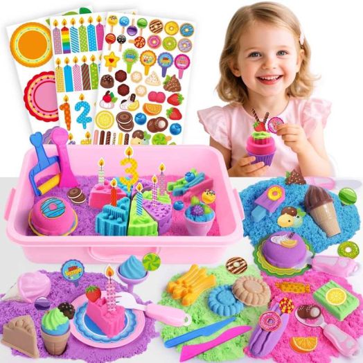 BILLEEIT Cake & Ice Cream Sensory Bin Sand Toy for Kids Ages 3+, 43-Piece Sensory Sand Kit with Lid, 4 Colors of Magic Sand (2.2 lbs), Molds & Tools