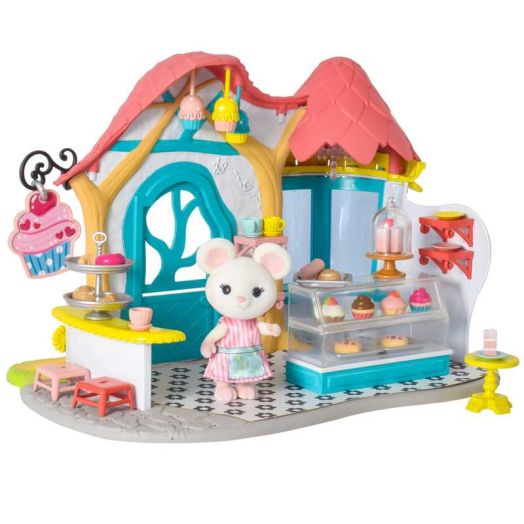 Honey Bee Acres Bees Teas Pastry Shop - 35 Piece Miniature Bakery Dollhouse with Cupcakes, Tea Cups & Exclusive Mouse Figure - Kids Ages 3+