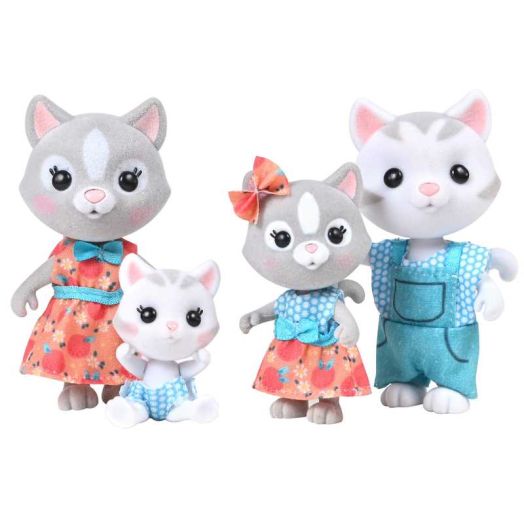 Honey Bee Acres Purringtons Cat Family - Includes 4 Miniature Flocked Animal Figures with Removable Outfits - Dolls for Kids Ages 3+