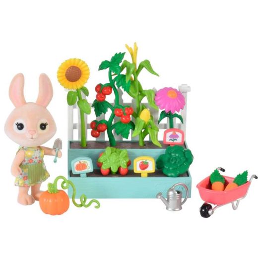 Honey Bee Acres Time to Garden Playset - 16 Piece Miniature Dollhouse Set with Bunny Figure, Wheelbarrow, Vegetables & More - Dolls for Kids Ages 3+