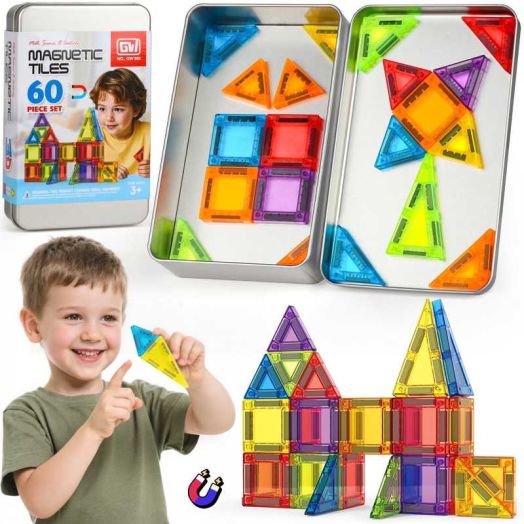HopeRock 60PCS Magnetic Tiles, STEM Educational Toys for Kids Ages 3 4 5 6 7 8 Years Old, Magnetic Blocks, Portable, Iron Box, Birthday Gifts for Girls Boys.
