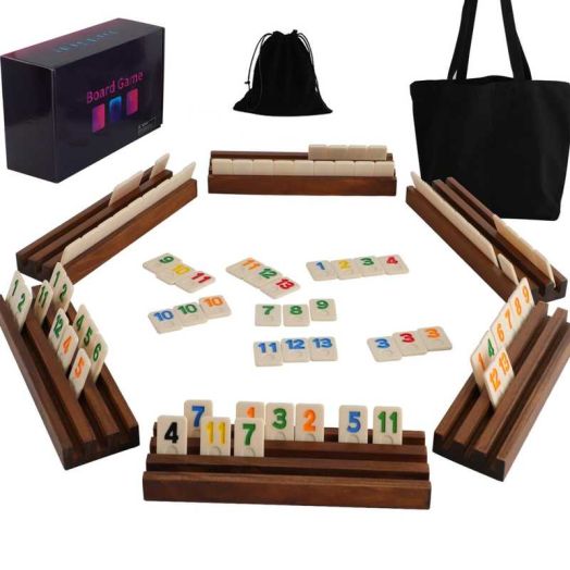 Rummy Cube Board Game, Equipped with 160 Rummy Tiles, 6 Wooden Tile Racks, Drawstring Storage Bag, Handbag