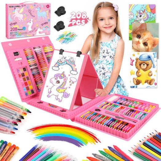 Hot Bee 208 PCS Unicorn Art Set for Kids, Double-Sided Drawing Board with Crayons, Paints, Colored Pencils, Perfect Birthday & Christmas Art Unicorn Gift for Boys Girls 3-6 7-11 12+