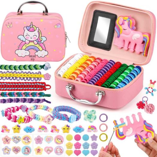 Hot Bee Unicorn Bracelet Making Kit for Girls, 1000+ Loom Bands DIY Friendship Bracelet Set with Organizer Case & Mirror, Charms, Beads, Keychains, Craft Gift Toys for Kids Ages 6+