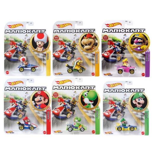Hot Wheels Mario Kart Die-Cast Character Cars Collection, 6-Pack Set with Mario, Luigi, Yoshi, Toad, Bowser, Wario GBG25-957G