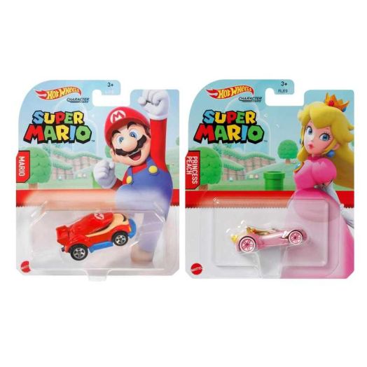 Hot Wheels Super Mario Character Cars Die-Cast Vehicles, Mario and Princess Peach, Collectible Toy Cars, Ages 3+