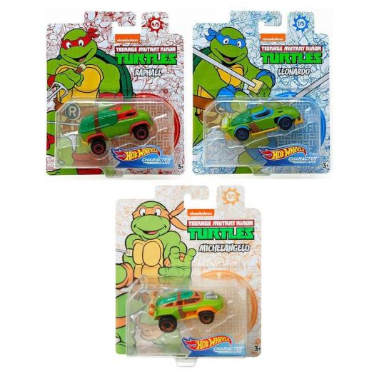 Hot Wheels TMNT Character Cars - 3‑Pack | Leonardo, Michelangelo & Raphael | 1:64 Die‑Cast Turtles Vehicles - Ages 3+