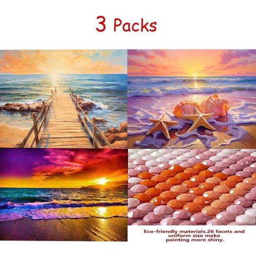 HsdsBebe Sunset on Sea Diamond Art Craft Kit 5D Full Round 3 Piece
