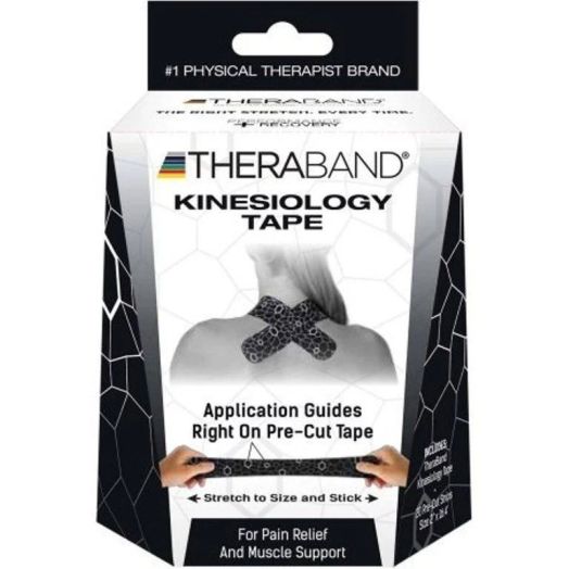 Hygenic TheraBand Kinesiology Tape, Pre-Cut Roll 2" x 10" Strips Black/White Print