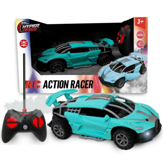 Hyper Drive: RC Action Racer - Teal - 1:24 Scale Remote Control Car, Smoke Vapor Action, Motorized Doors, LED Headlights, 27MHz Full Function, Kids 3+