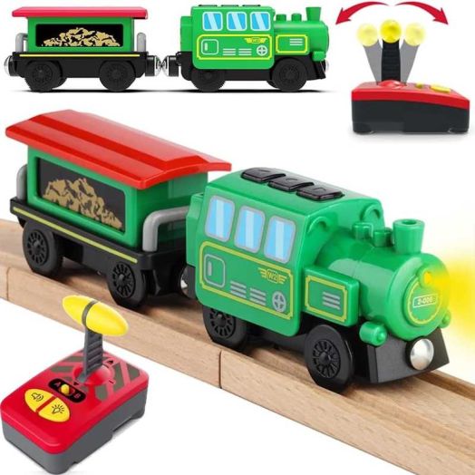HYPERLIVING Battery Operated Locomotive Train Set for Wooden Train Tracks, Powerful Engine Train Vehicles Train Electric Remote Control Cars with Light & Sound Train Toy Gift for Kids Toddler