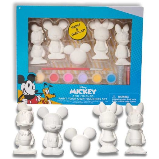 Disney Mickey and Friends DIY Paint Your Own Figurines Arts and Crafts Set for Kids, Paint, Paint Brush, and Glitter - Mickey Mouse, Minnie Mouse, Daisy and Donald Duck