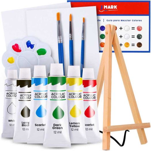 Art Canvas Paint Set Supplies - 14-Piece Mini Canvas Acrylic Painting Kit with Wood Easel, 6x8 inch Canvases, 6 Non Toxic Washable Paints, 3 Brushes, Palette and Color Mixing Guide