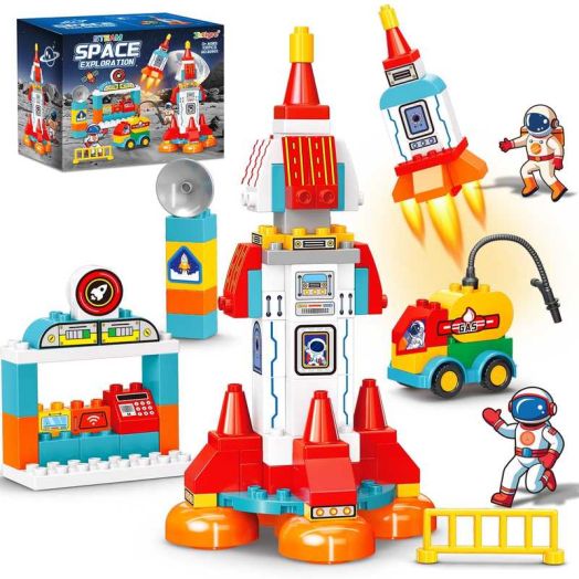 Building Blocks for Toddlers 1-3-5, 131 Pcs Space Rocket STEM Classic DIY Big Building Bricks Toys Set for Kids Ages 2-4-5-8, Compatible With All Major Brands, Spaceship Gift Toy for 3-5 Boys Girls