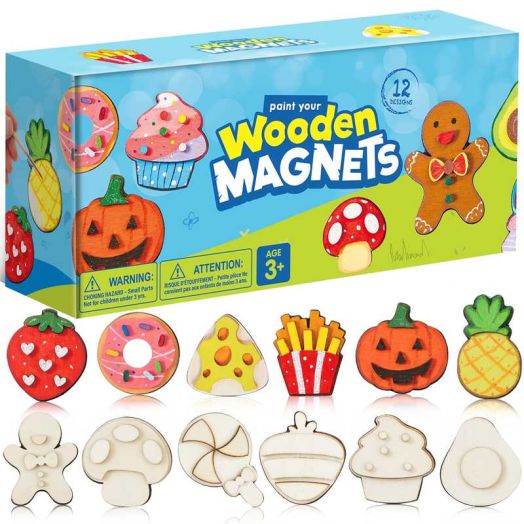 Joyfy 12 Pcs Food Wooden Magnets Painting Art & Craft Kits for Boy Girl Aged 3+