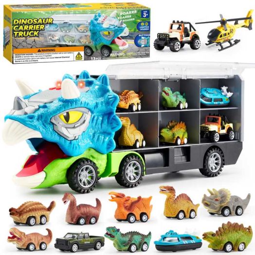 Joyfy 13 in 1 Dinosaur Truck Toys for Kids, Triceraptor Dinosaur Truck with Light & Sound, Including 12 Pull Back Cars, Great Christmas and Birthday Gifts Toy for Boy 3 4 5
