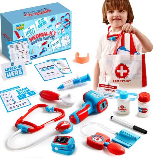 Joyfy 16-Piece Pretend Medical Kit with Bag for Kids 6 8, Kids Doctor Role Play Set Includ Reusable Record Cards, Realistic Toy Stethoscope, Dress Up Playset for Toddlers Ages 3+